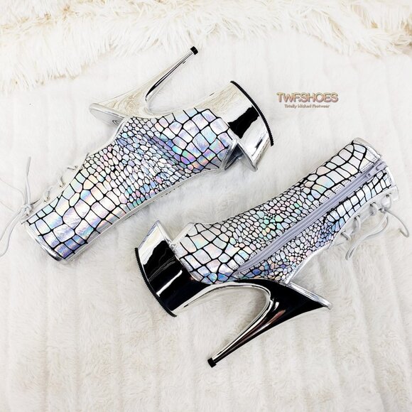 Brand New Delight 1018HG Sexy Silver Hologram Platform Heels Ankle Boots - Picture 2 of 16